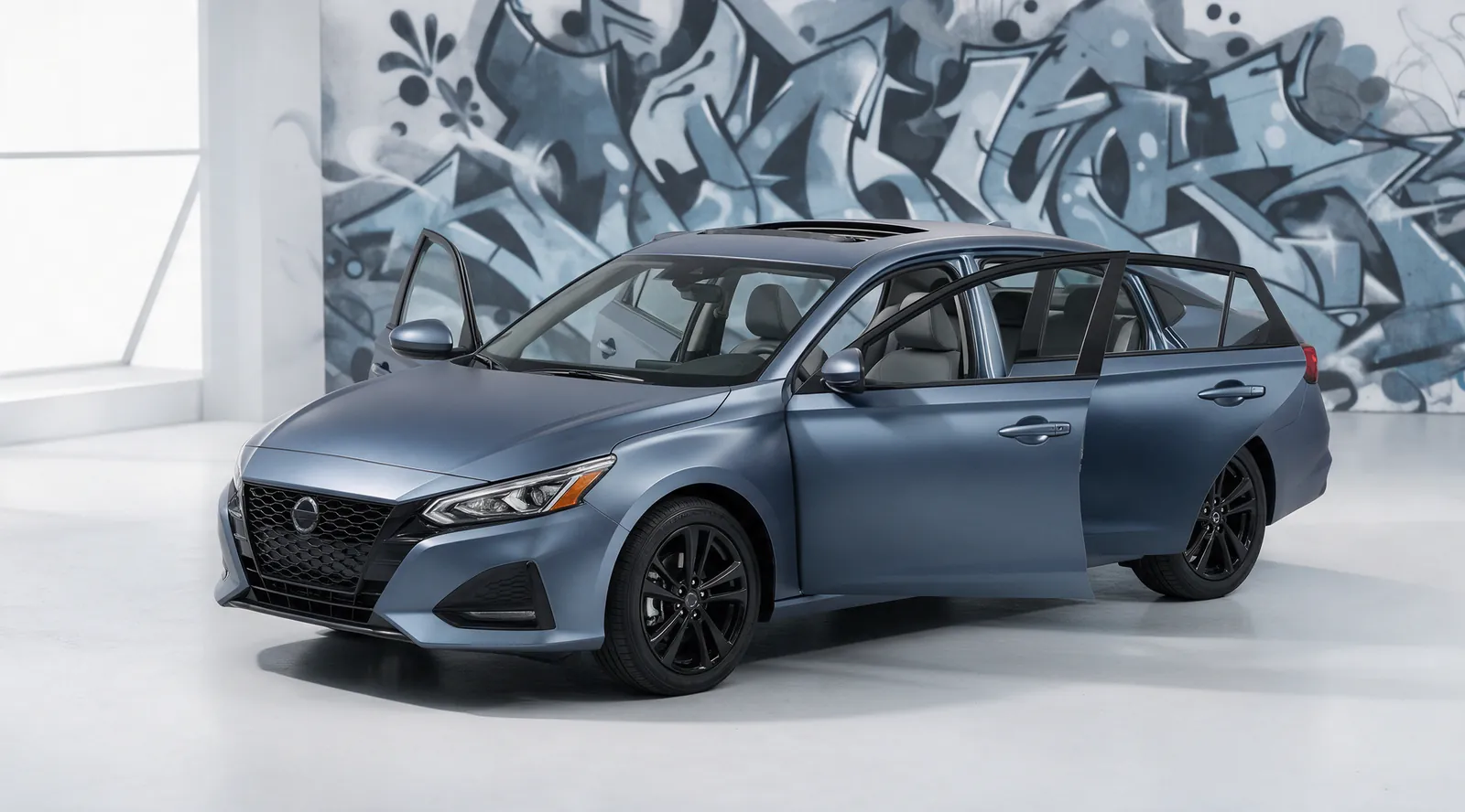 Sedan fully wrapped in matte steel blue inside the shop
